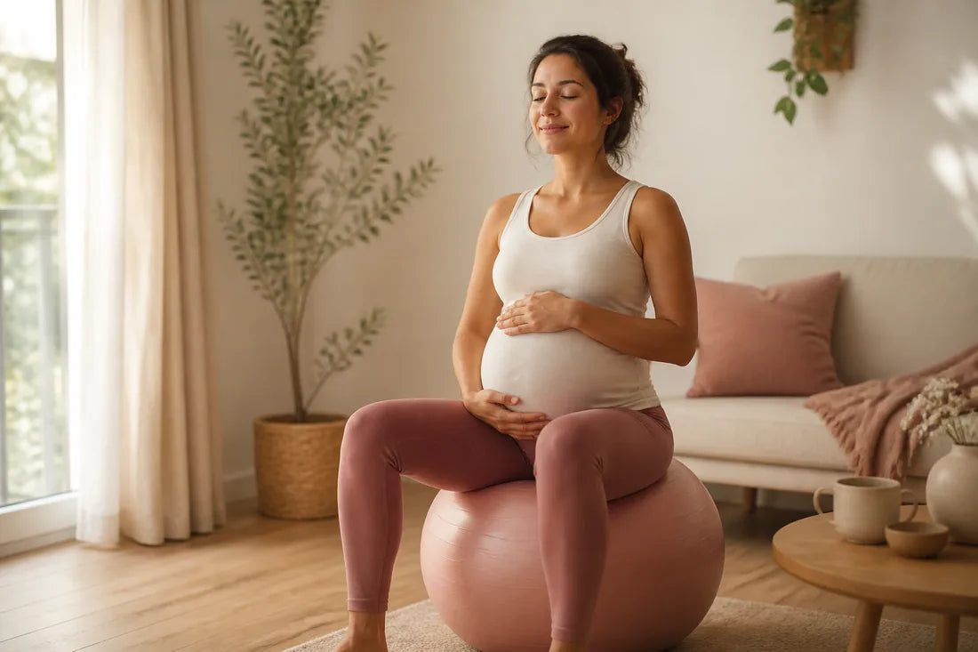 Donna incinta che fa un esercizio per il pavimento pelvico seduta sulla palla, a casa