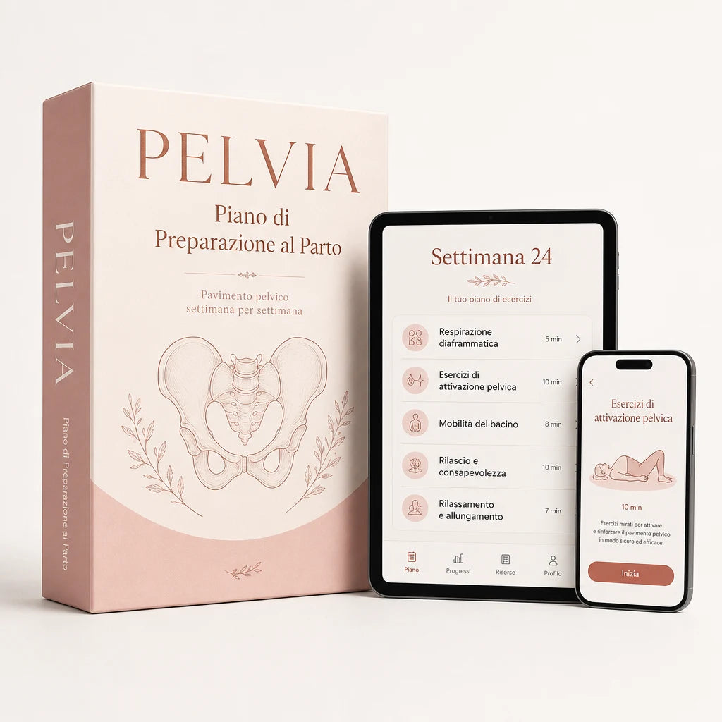 PELVIA Piano di Preparazione al Parto: la guida e il piano per il pavimento pelvico su tablet e telefono
